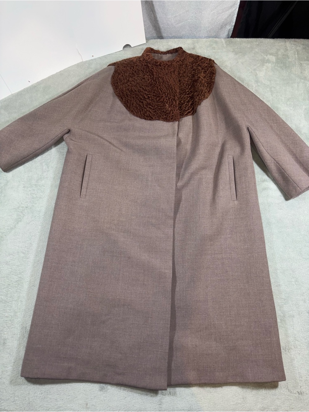 Vintage Marki New York Wool Swing Coat Brown Faux Fur Collar Mid-Century